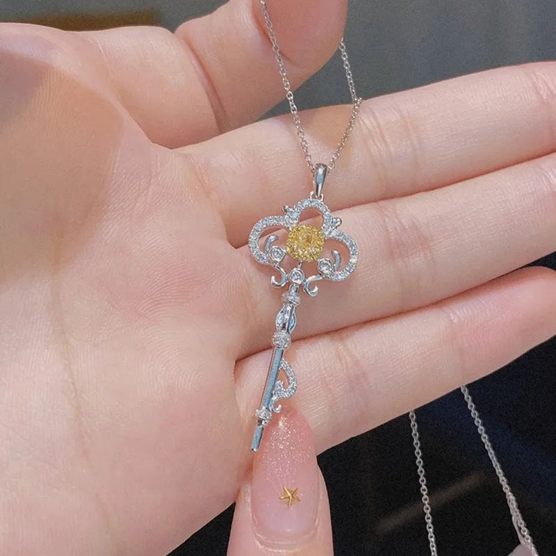 Luxury Silver Yellow Diamond Key Pendant Necklace for Women