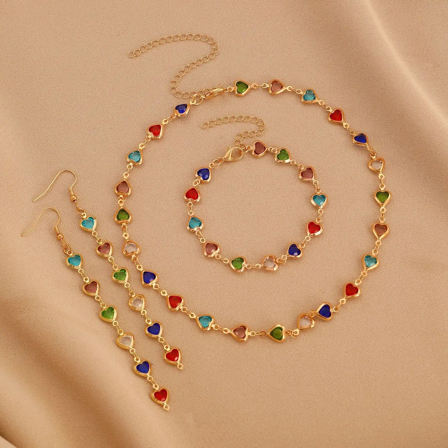 4Pcs Necklace, Bracelet and Earrings with Heart Shaped Colored Stones Jewellery Set