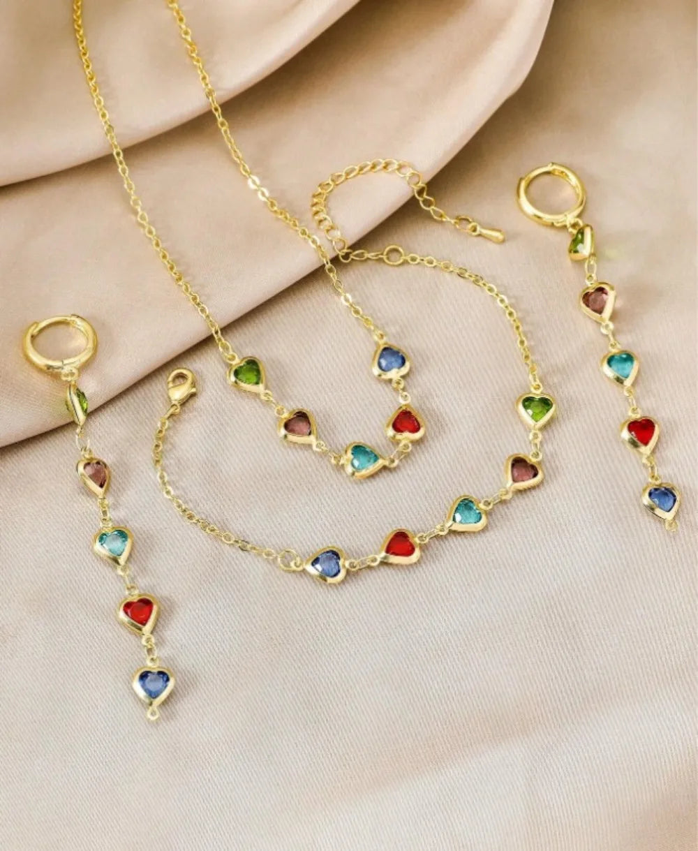 4Pcs Necklace, Bracelet and Earrings with Heart Shaped Colored Stones Jewellery Set