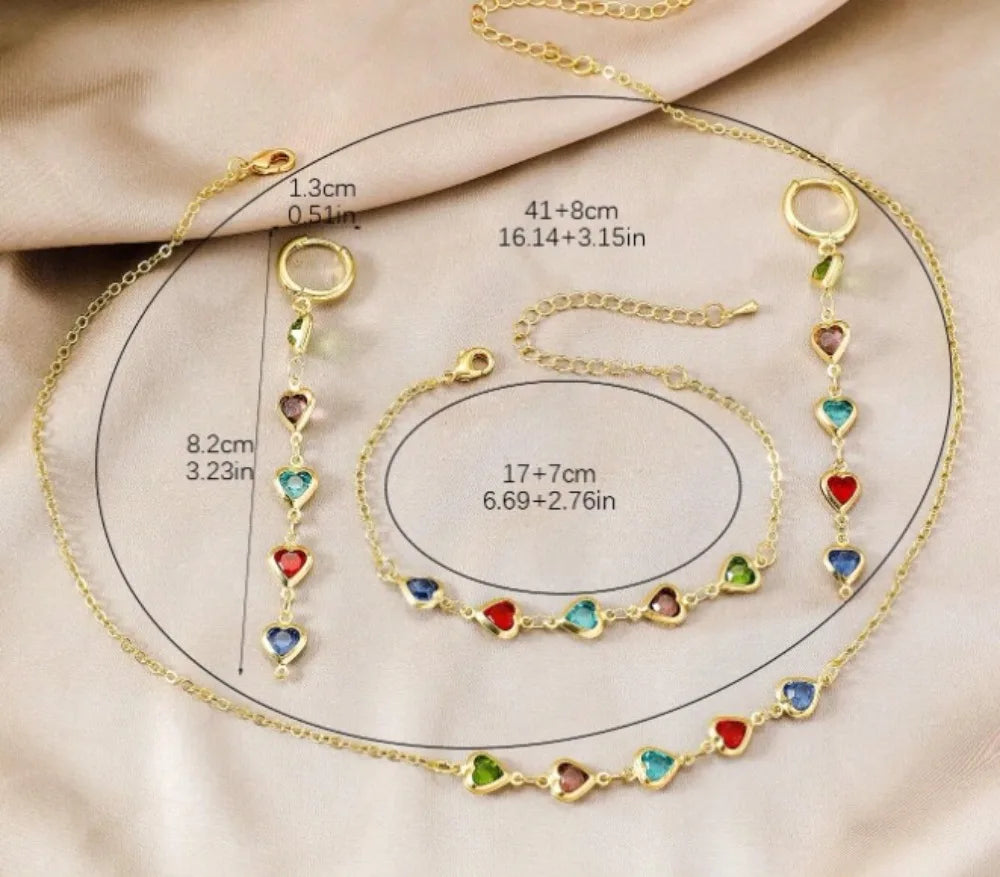 4Pcs Necklace, Bracelet and Earrings with Heart Shaped Colored Stones Jewellery Set