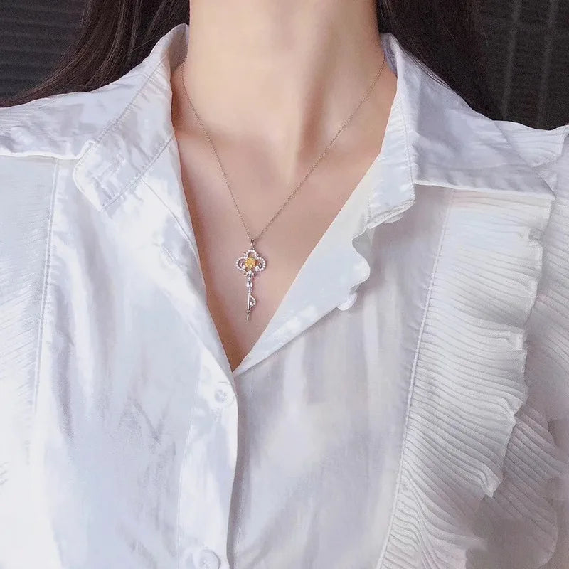 Luxury Silver Yellow Diamond Key Pendant Necklace for Women