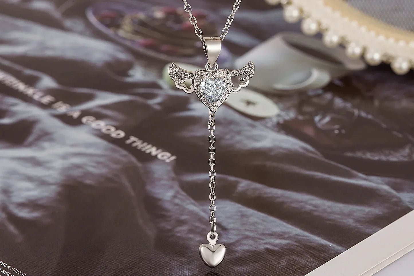 Heart with Angel Wings and Stone Pendant Necklaces for Women
