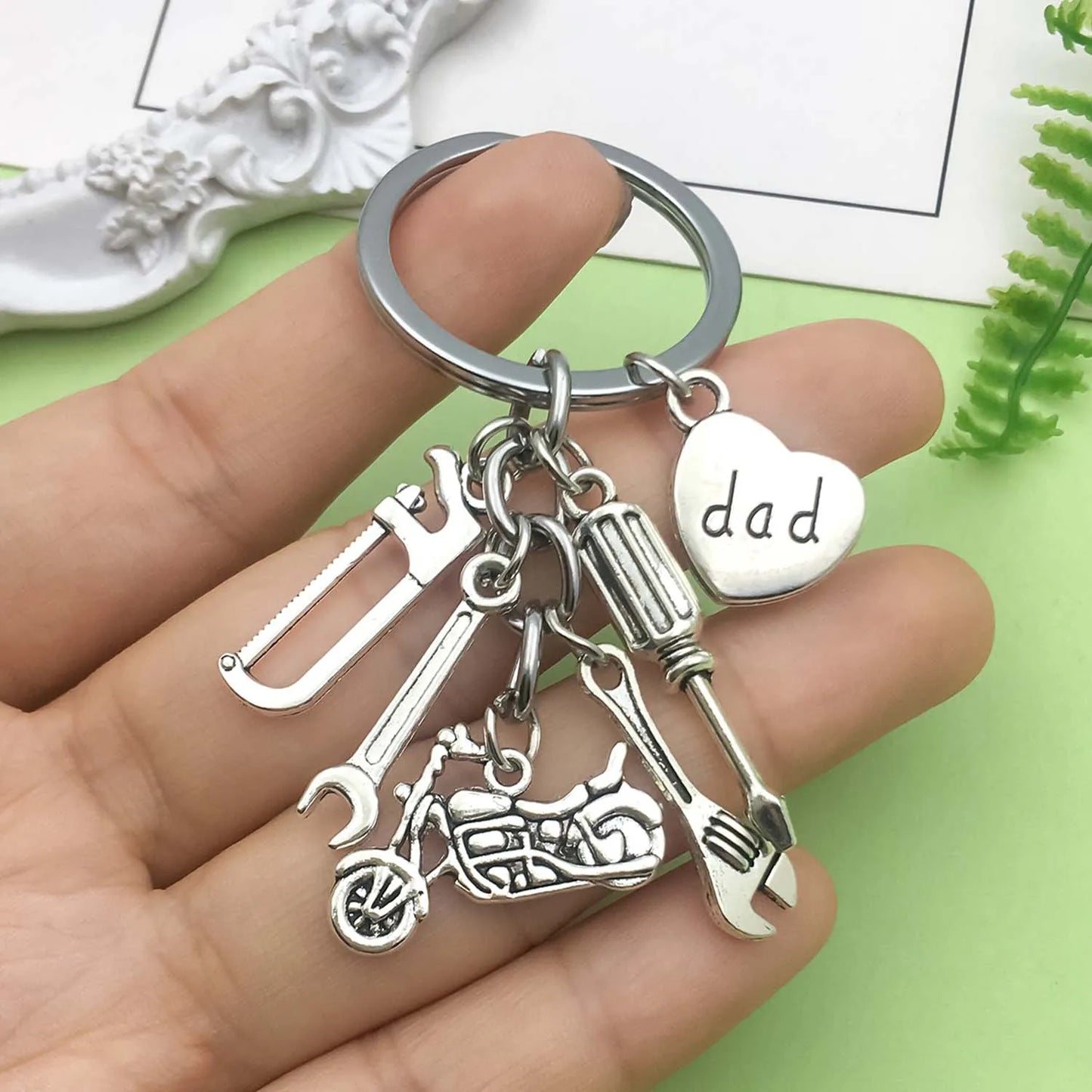 "dad" Engraved Keychain with Screwdriver, Wrenches, Motorcycle, Saw, Heart Charms for Men