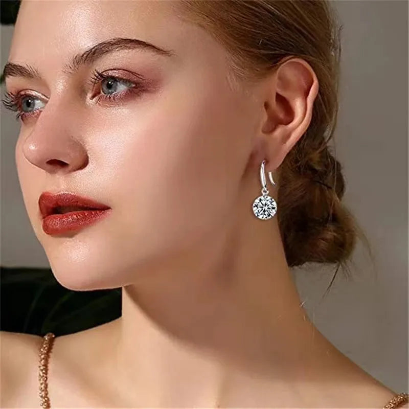 Silver Round Cut Moissanite Diamond Dangle Earrings for Women