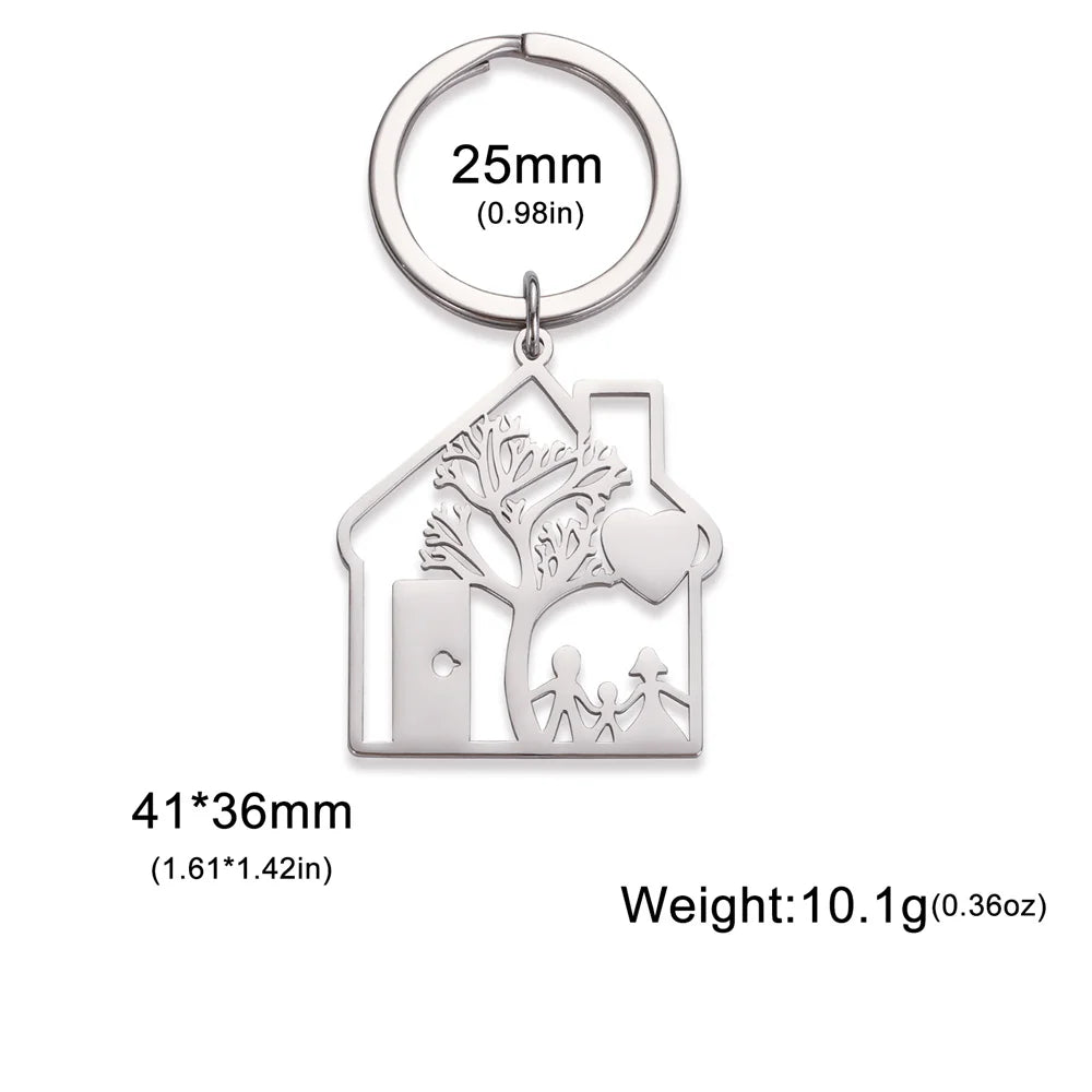 House Shape Keychain with Tree and Family Image