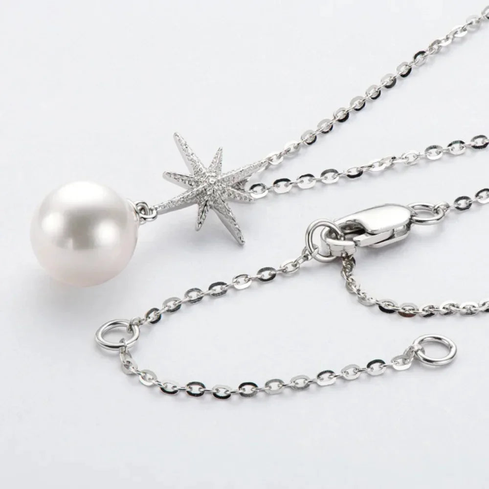 Silver Freshwater Pearl with Diamond Star Pendant Necklace for Women