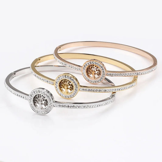 18K Gold-Plated Diamond Tree Of Life Charm Bangle Bracelet for Women