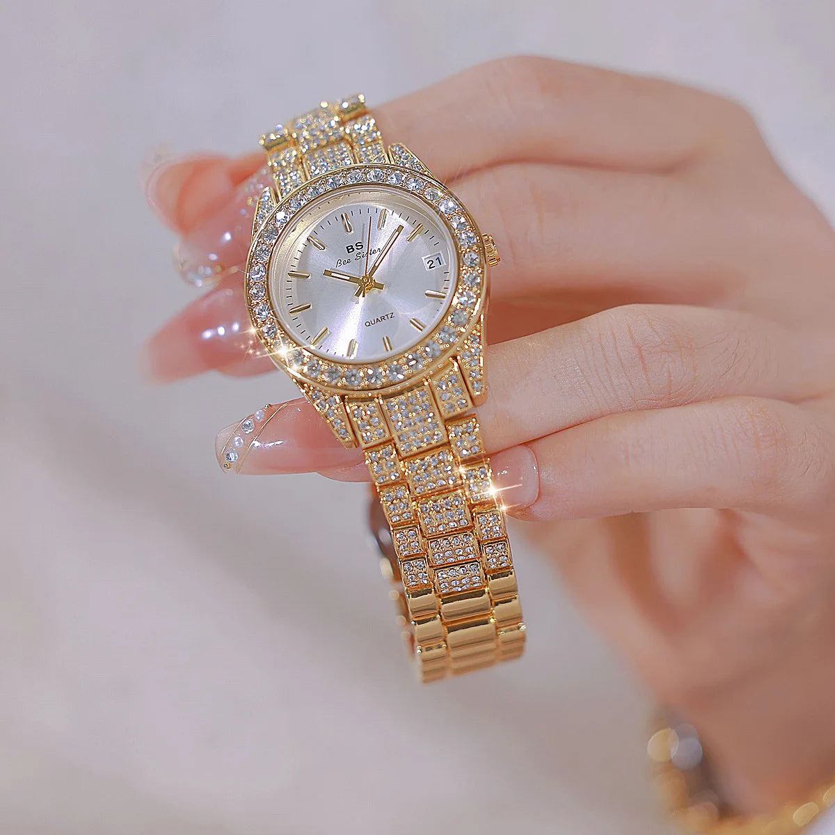 Luxury Crystal Silver Gold Quartz Watches with Calendar for Women