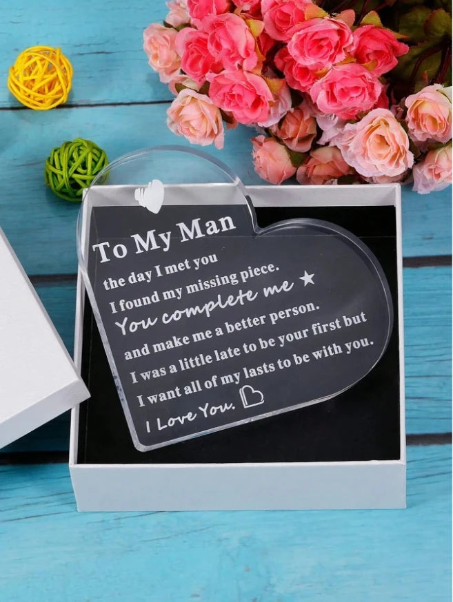"To My Man" Engraved Heart-Shaped Glass Plaque
