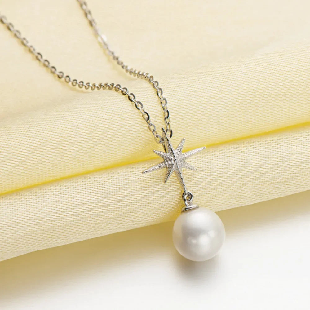Silver Freshwater Pearl with Diamond Star Pendant Necklace for Women