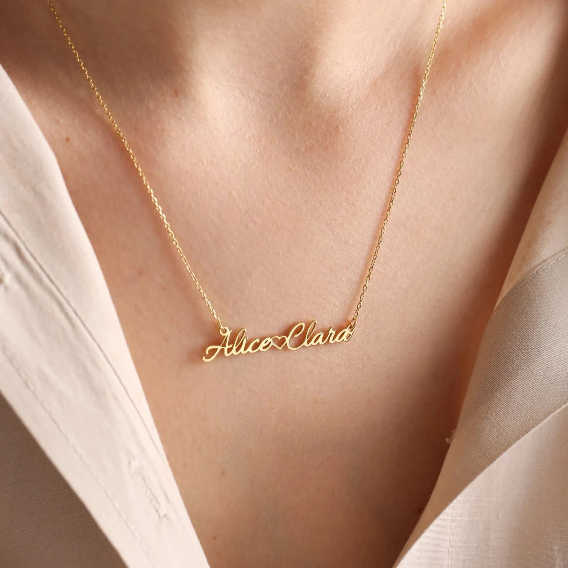 Custom Personalized Double Name Necklace with Heart for Women