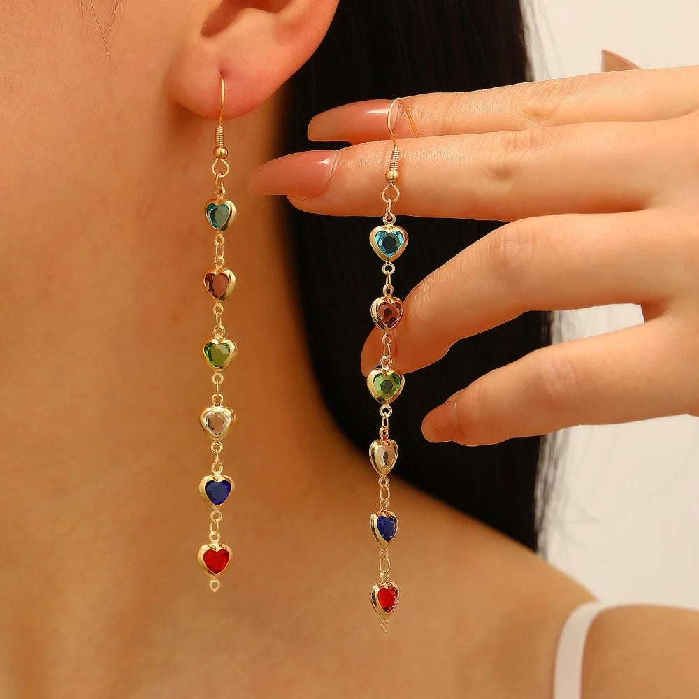 4Pcs Necklace, Bracelet and Earrings with Heart Shaped Colored Stones Jewellery Set