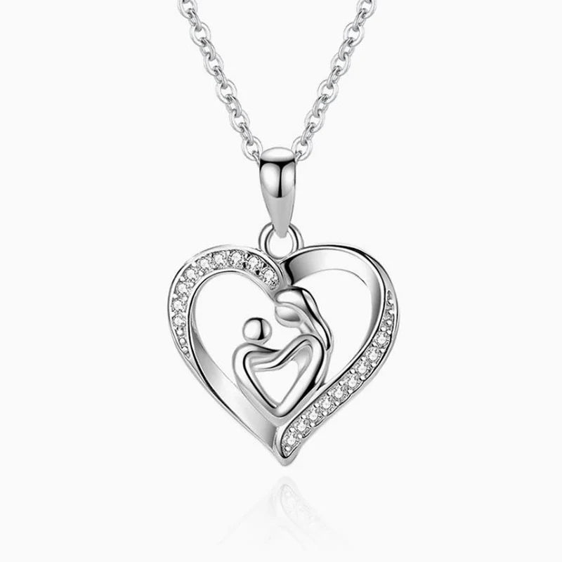 Mother and Child in Zircon Heart Pendant Necklace for Women