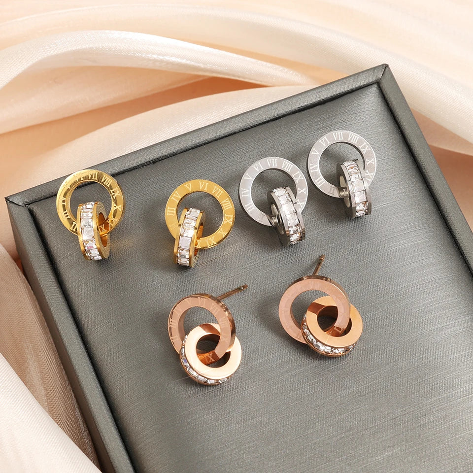 Roman Numerals Detail Rhinestone Stud Earrings for Women