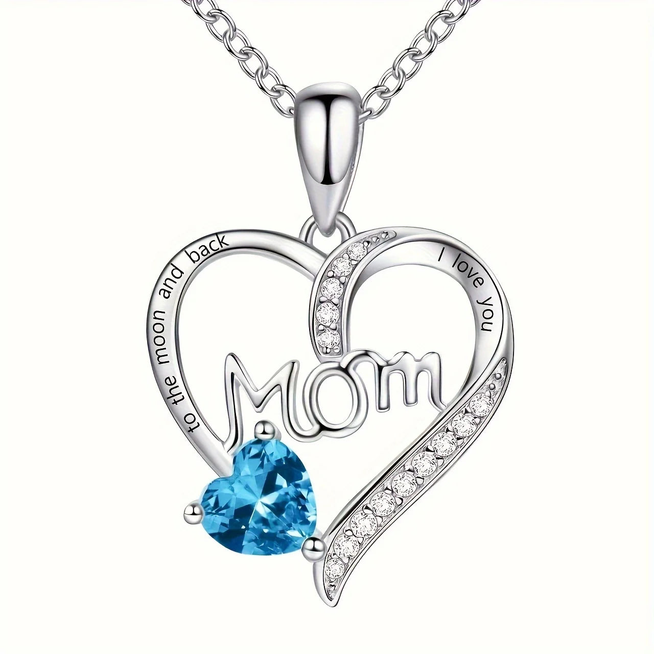 "Mom I Love You to the Moon and Back" Engraved Pendant Necklaces with Colored Heart Stones for Women