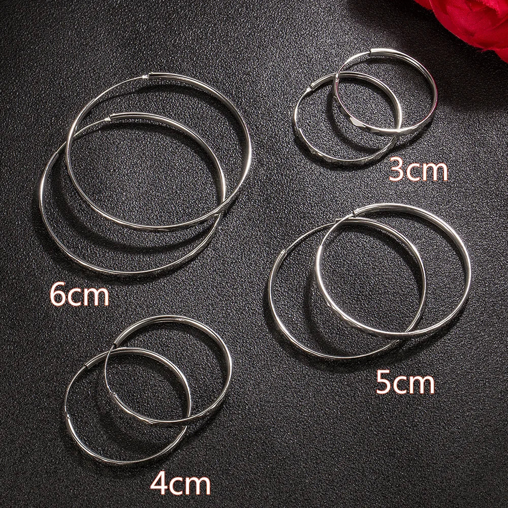 Silver Round Diamond Hoop Earrings for Women