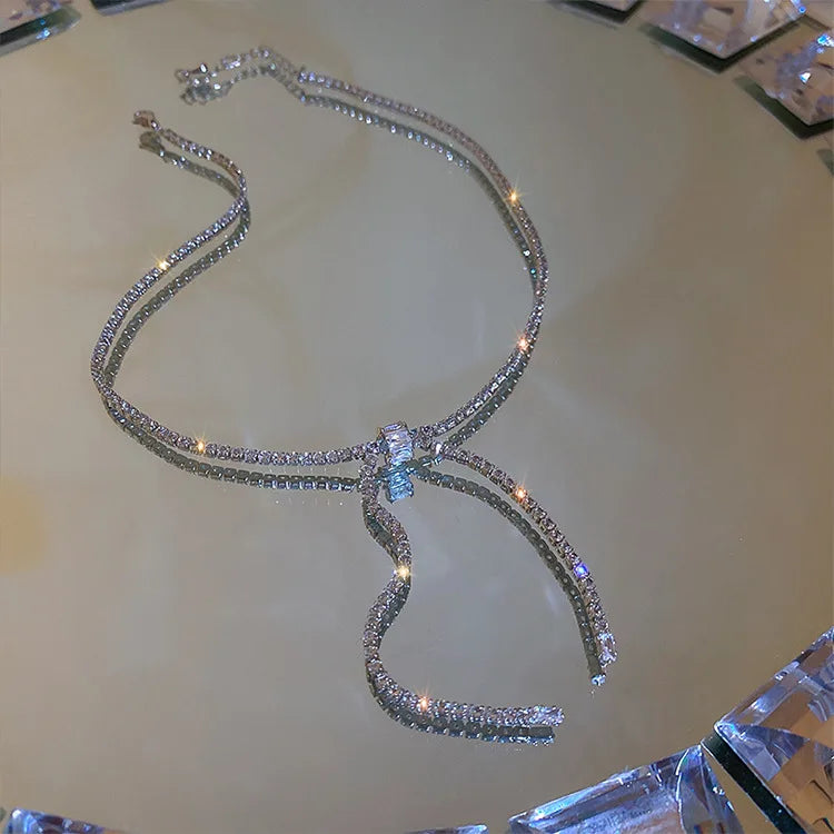 Diamond-Encrusted Zircon Bow Tie Necklace for Women