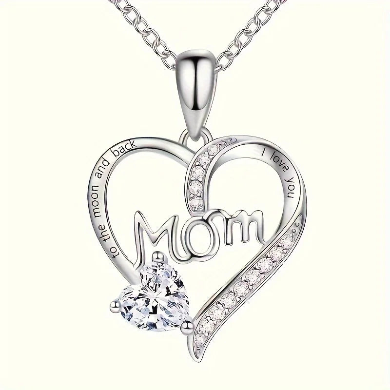 "Mom I Love You to the Moon and Back" Engraved Pendant Necklaces with Colored Heart Stones for Women