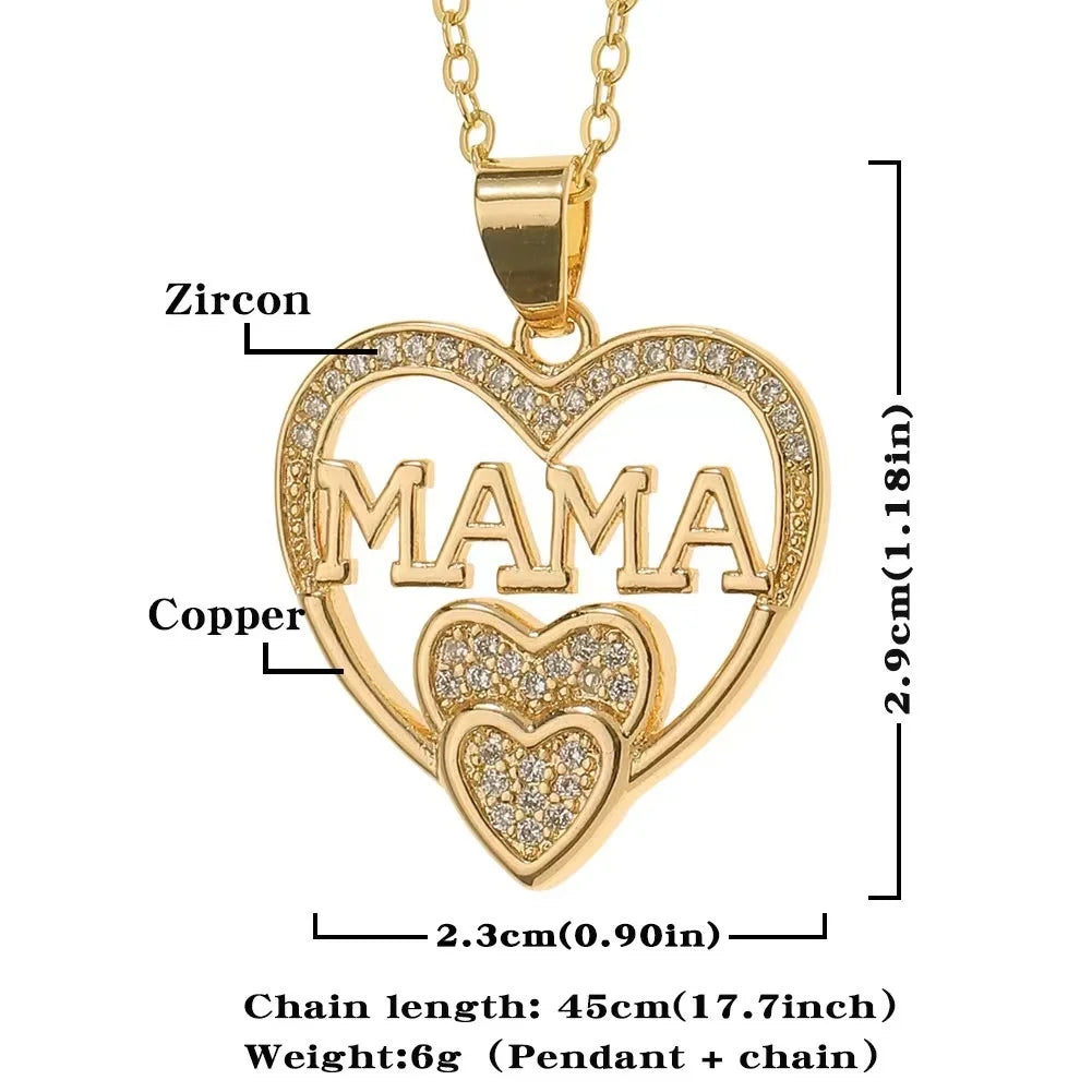 "MAMA" Zircon Heart with Two Tiny Hearts Pendant Necklace for Women