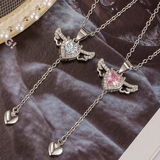 Heart with Angel Wings and Stone Pendant Necklaces for Women