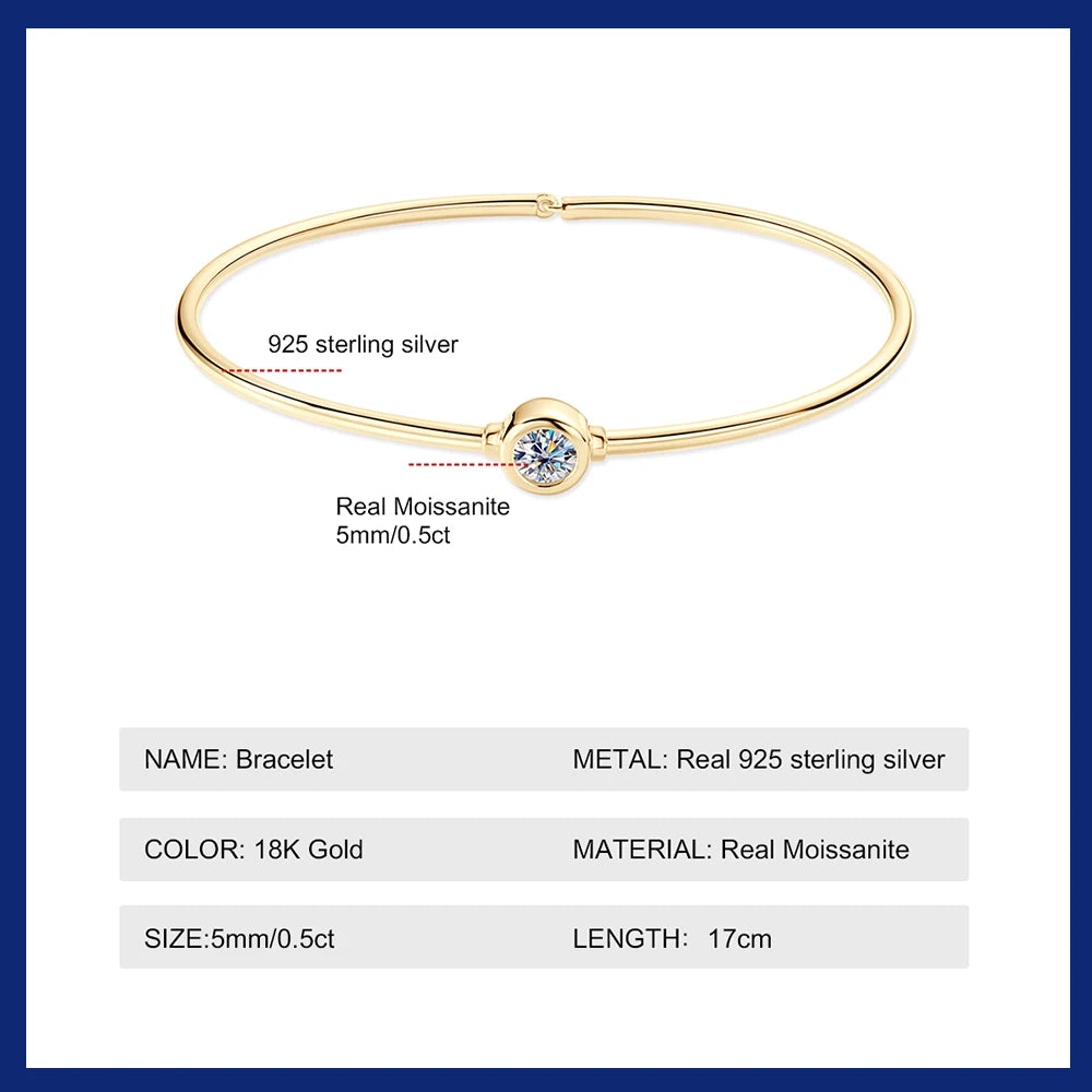 Silver or 18K Gold 0.5CT Moissanite Diamond Center Stone or Double Heart Bangle Bracelets for Women
