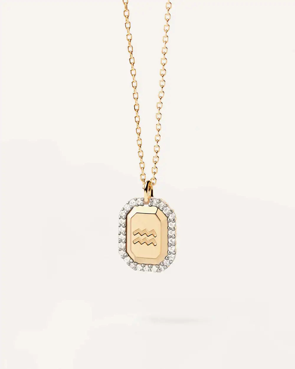 Zodiac Inlaid White Zircon Gold Square Pendant Necklace
