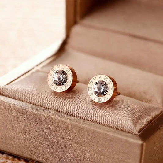 Roman Numerals Detail Rhinestone Stud Earrings for Women