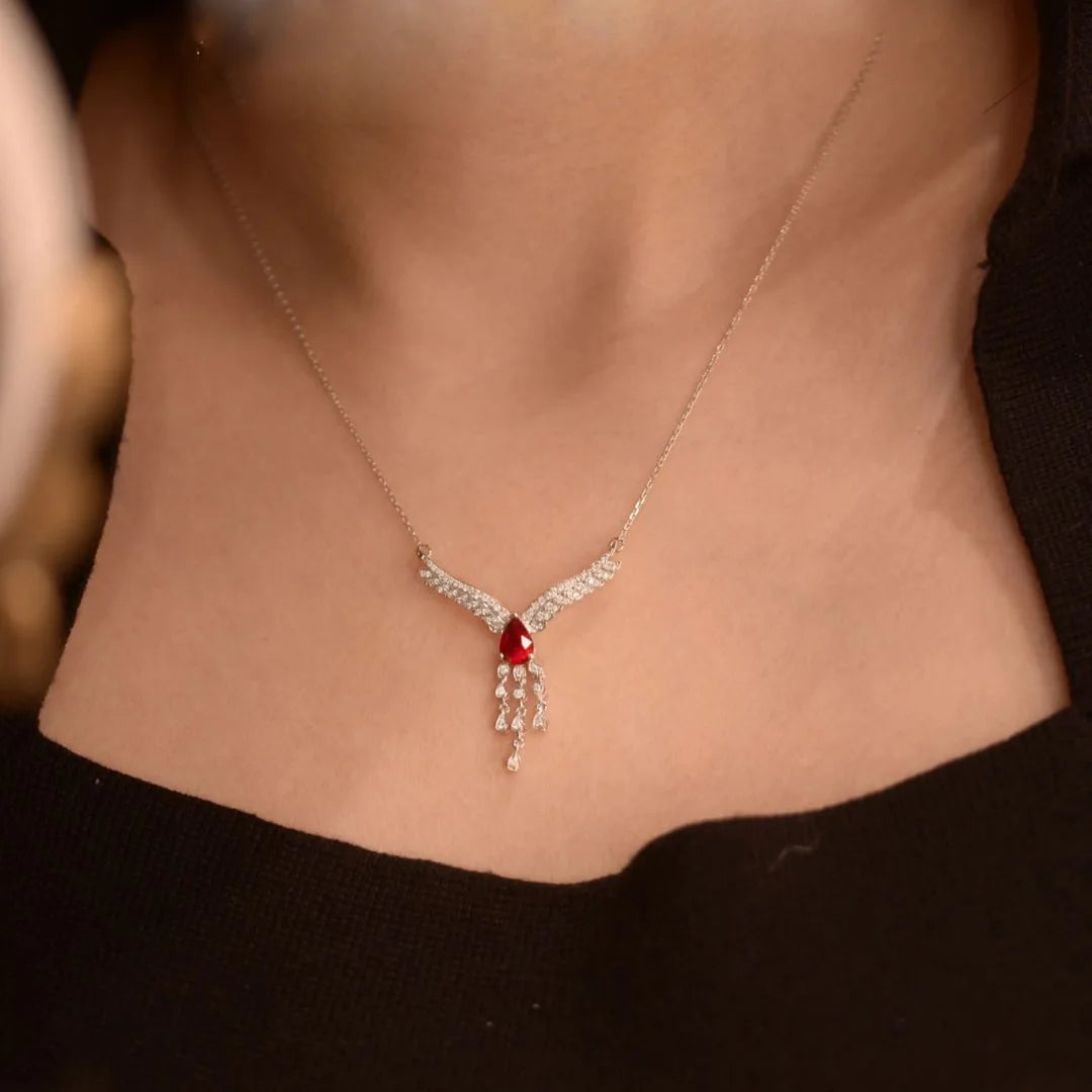 Luxurious Red Gemstone with Diamond Zircon Wings Pendant Necklace for Women