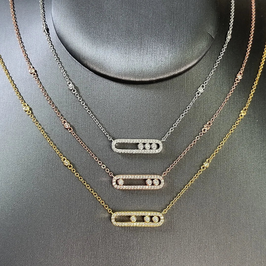 Silver or Gold Three Zircon Balls Moving in Oval Pendant Necklaces for Women