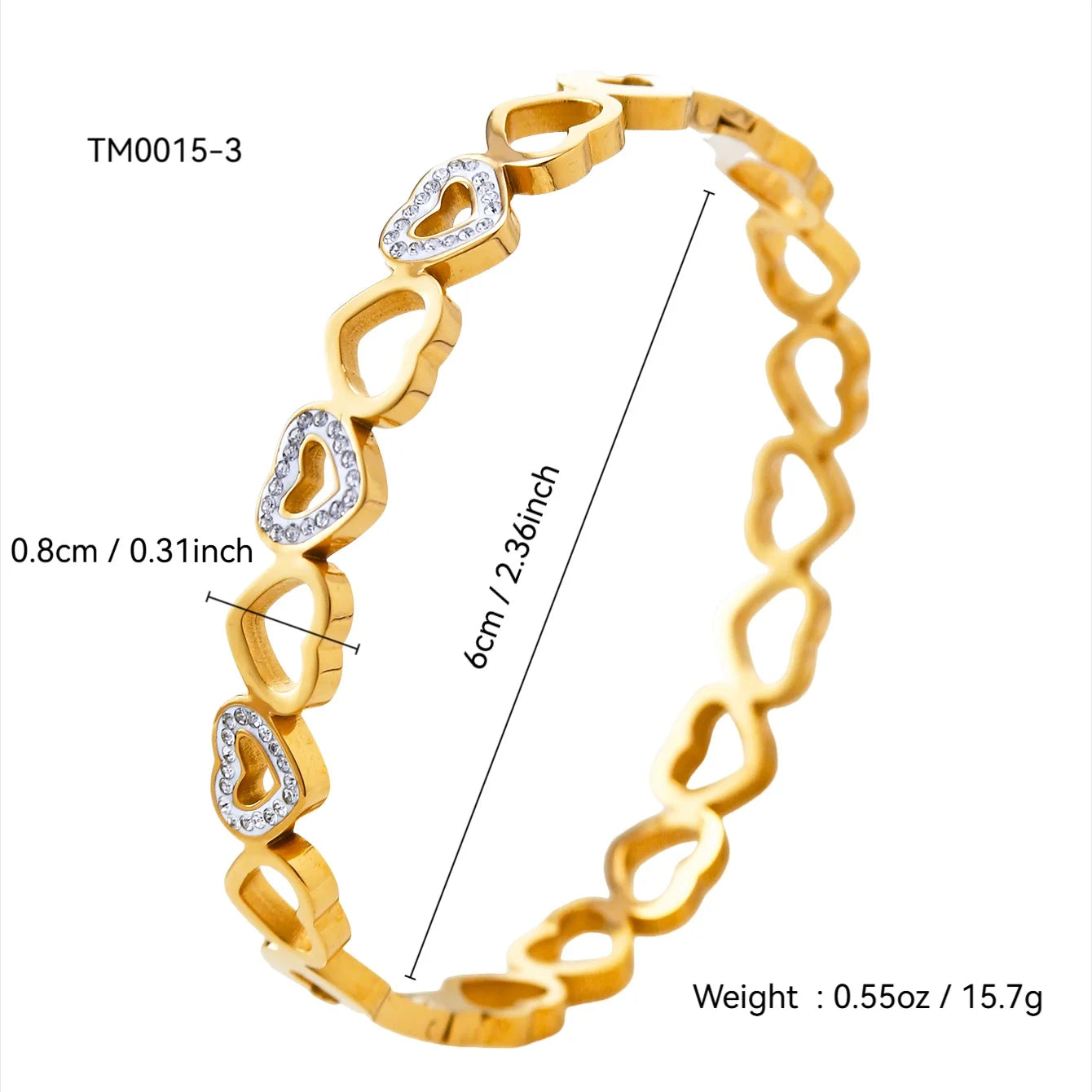 Gold Plated Stainless Steel Diamond-Encrusted Triangle Honeycomb and Heart-Shaped Bangle Bracelets for Women