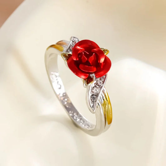 Red Rose Flower with Diamonds Gold/Silver Ring for Women