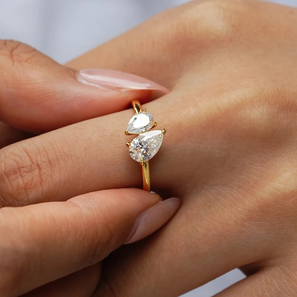 18K Gold Double Water Drop Diamond Ring for Women