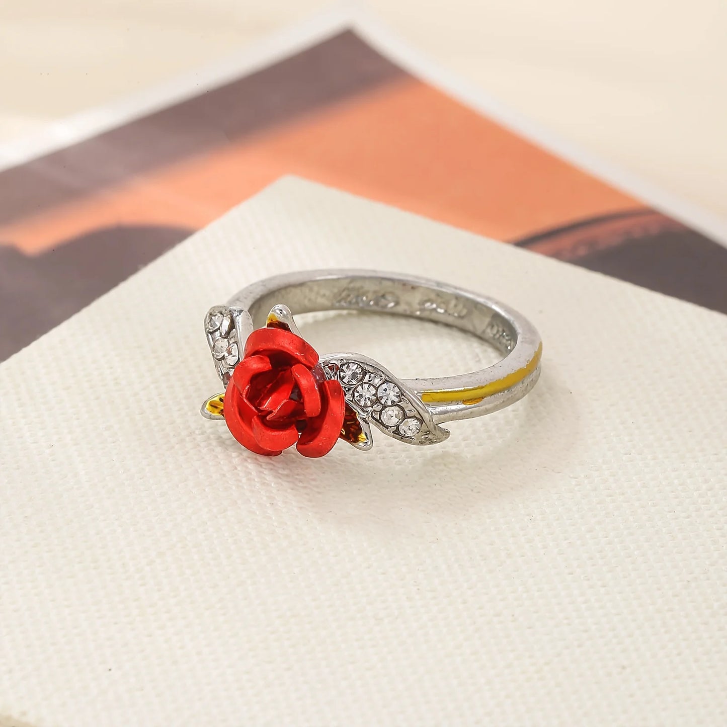 Red Rose Flower with Diamonds Gold/Silver Ring for Women