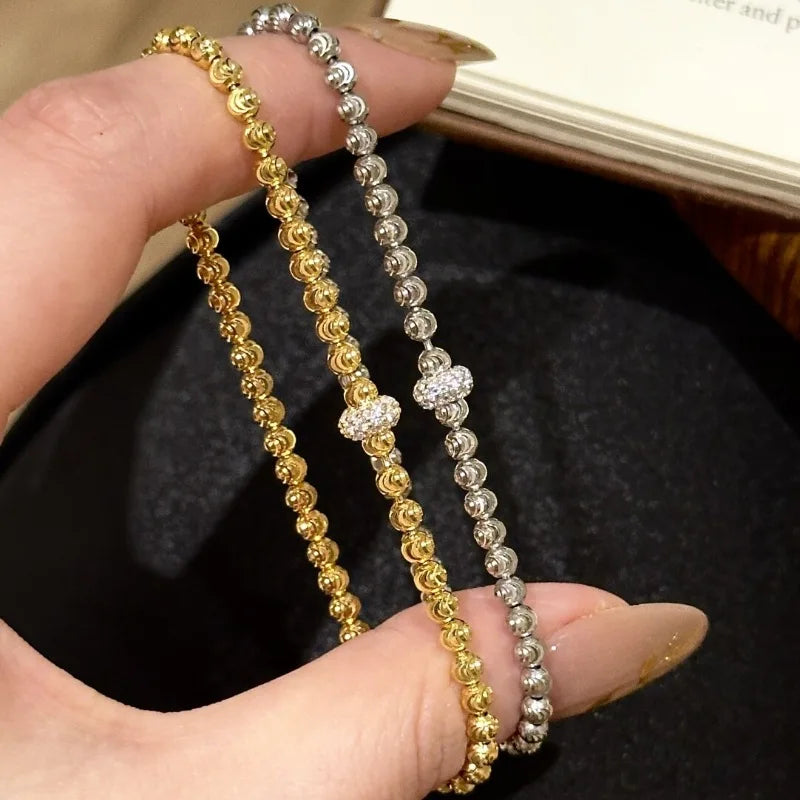 Luxury Silver or Gold Zircon Round Beads Bracelet with Circle Charm for Women
