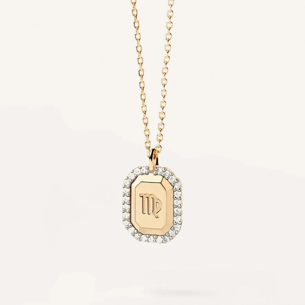 Zodiac Inlaid White Zircon Gold Square Pendant Necklace