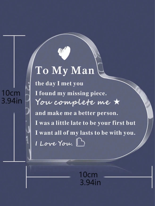 "To My Man" Engraved Heart-Shaped Glass Plaque