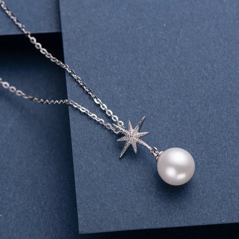 Silver Freshwater Pearl with Diamond Star Pendant Necklace for Women