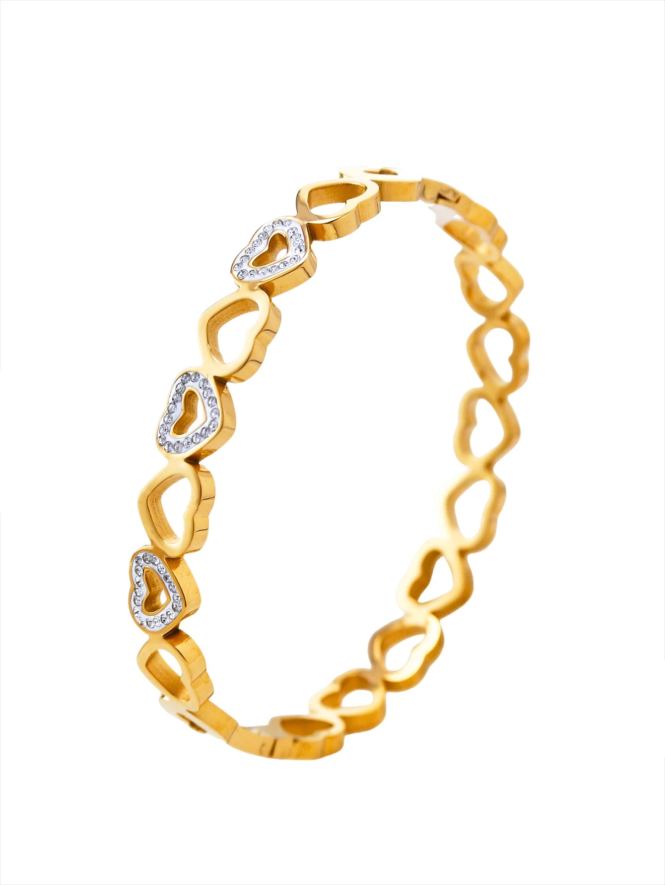 Gold Plated Stainless Steel Diamond-Encrusted Triangle Honeycomb and Heart-Shaped Bangle Bracelets for Women