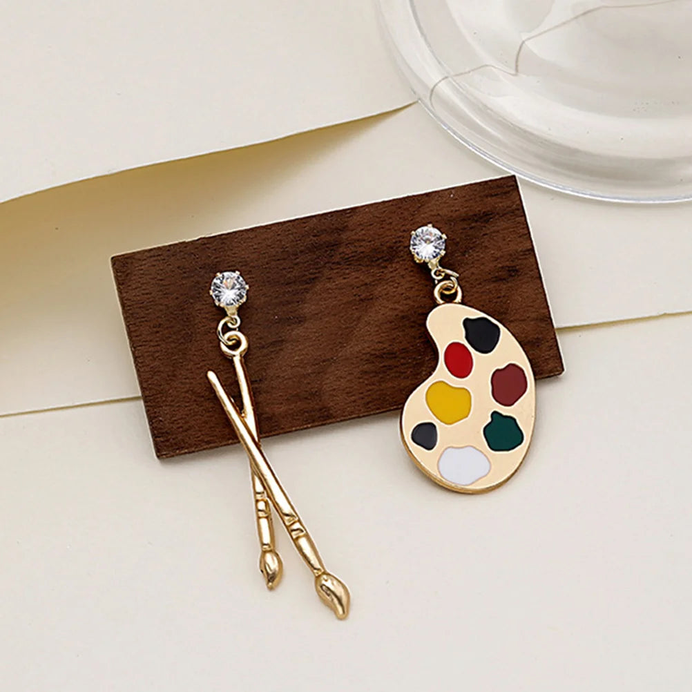Painter Brush and Palette Drop Artist Earrings with Crystal Stones