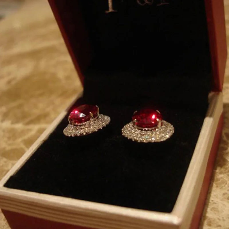 Silver Stud Earrings with Red Stone and Zircon Diamonds for Women