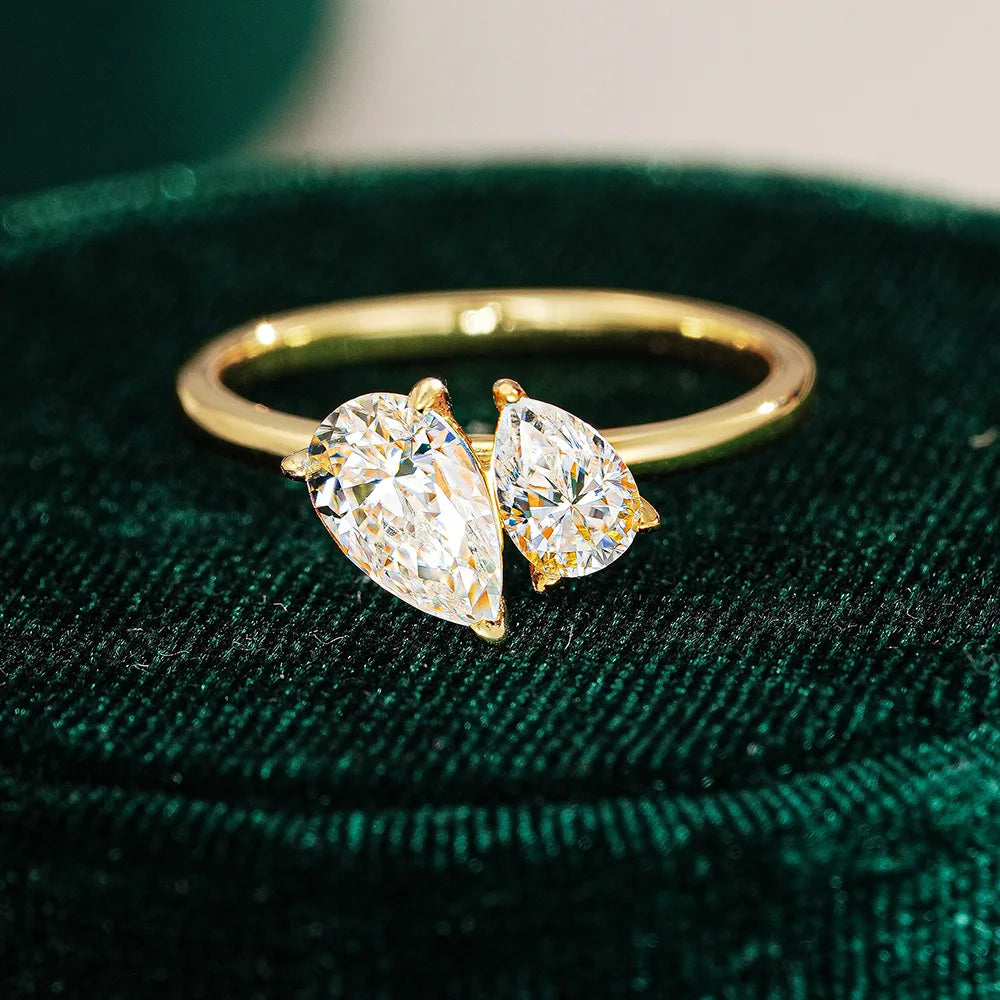 18K Gold Double Water Drop Diamond Ring for Women