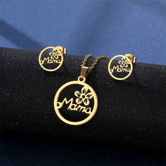 "Mama" Pendant Necklace and Earrings with Flower Set for Women