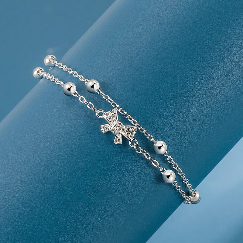 Silver Double-Layer Layered Zircon Bow Tie Charm Bracelet for Women