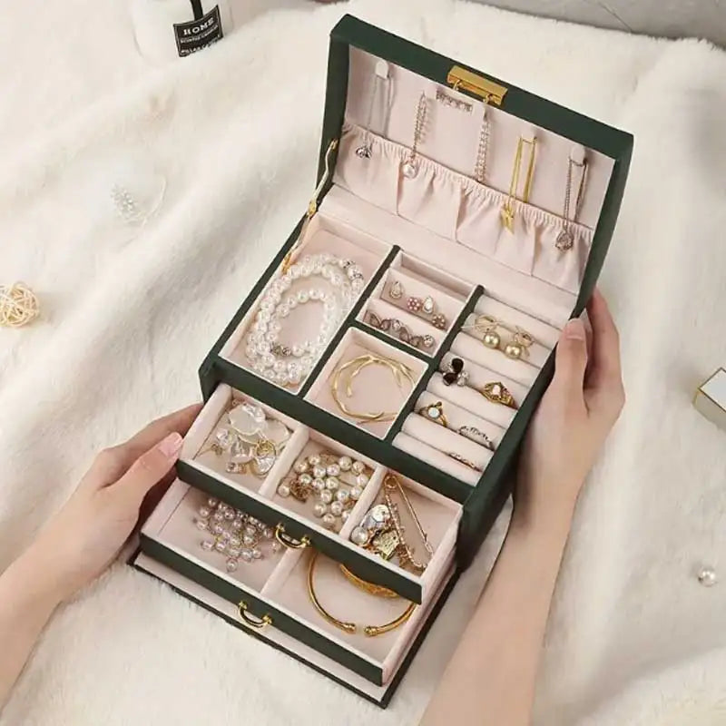 Three Drawer Leather Jewellery Box with Handle and Security Key Lock