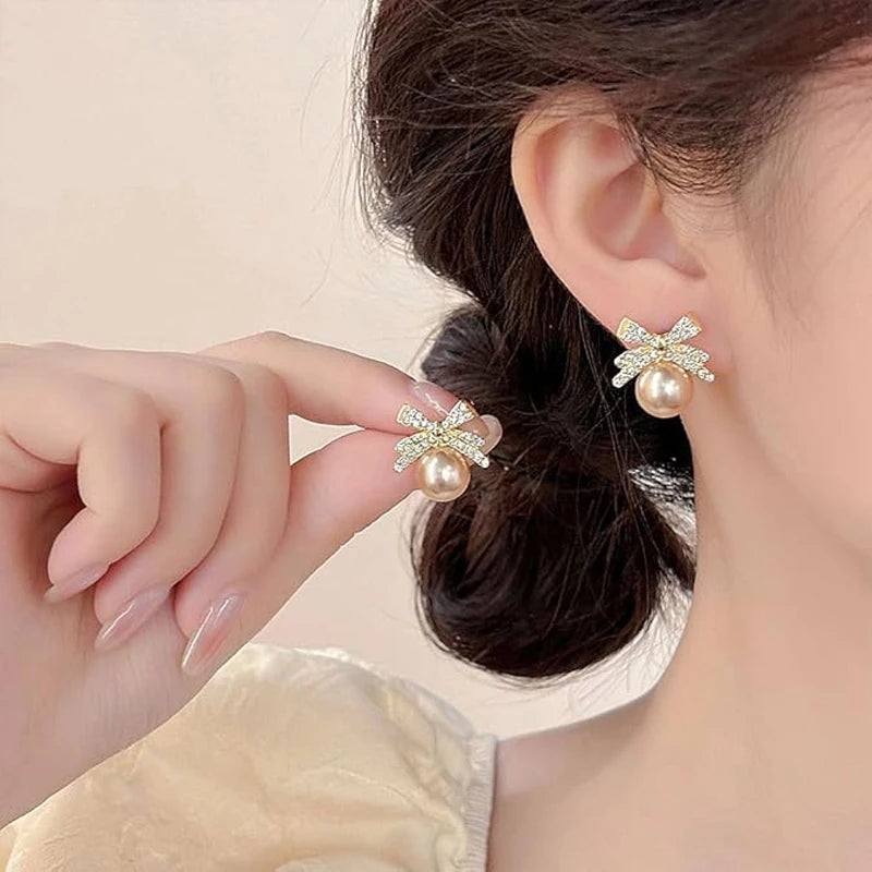Crystal Diamond Bow Tie Pearl Drop Stud Earrings for Women