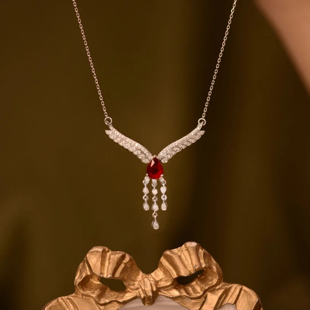 Luxurious Red Gemstone with Diamond Zircon Wings Pendant Necklace for Women