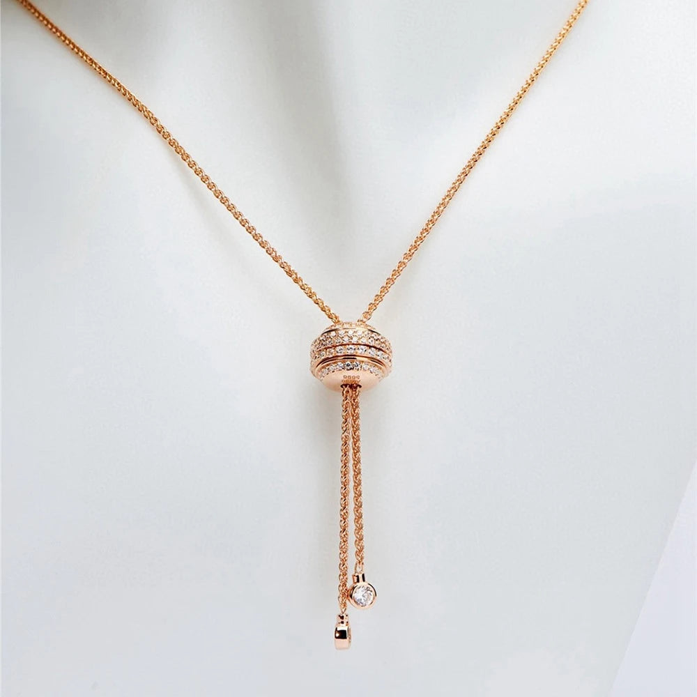 Silver or Rose Gold Diamond Long Pendant Necklace for Women