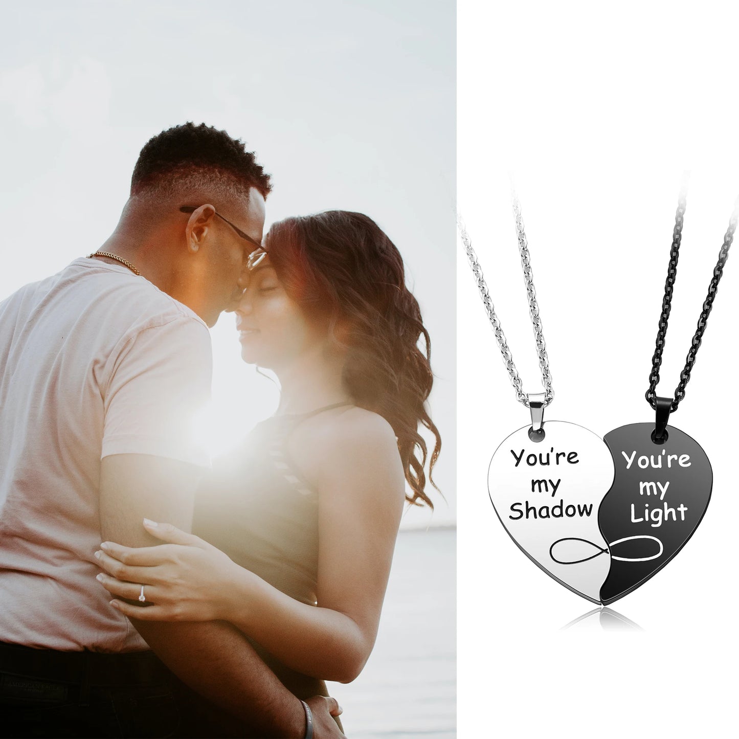 Custom/Non-Custom Personalized Message Yin Yang Stainless Steel Heart Puzzle Pendant Necklaces (non-custom message "You're my Shadow/You're my Light")