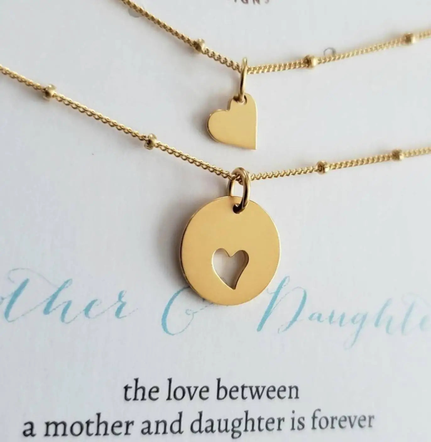 "Mother & Daughter" 2Pcs Circle with Heart Cut-Out and Connecting Heart Puzzle Necklaces Set