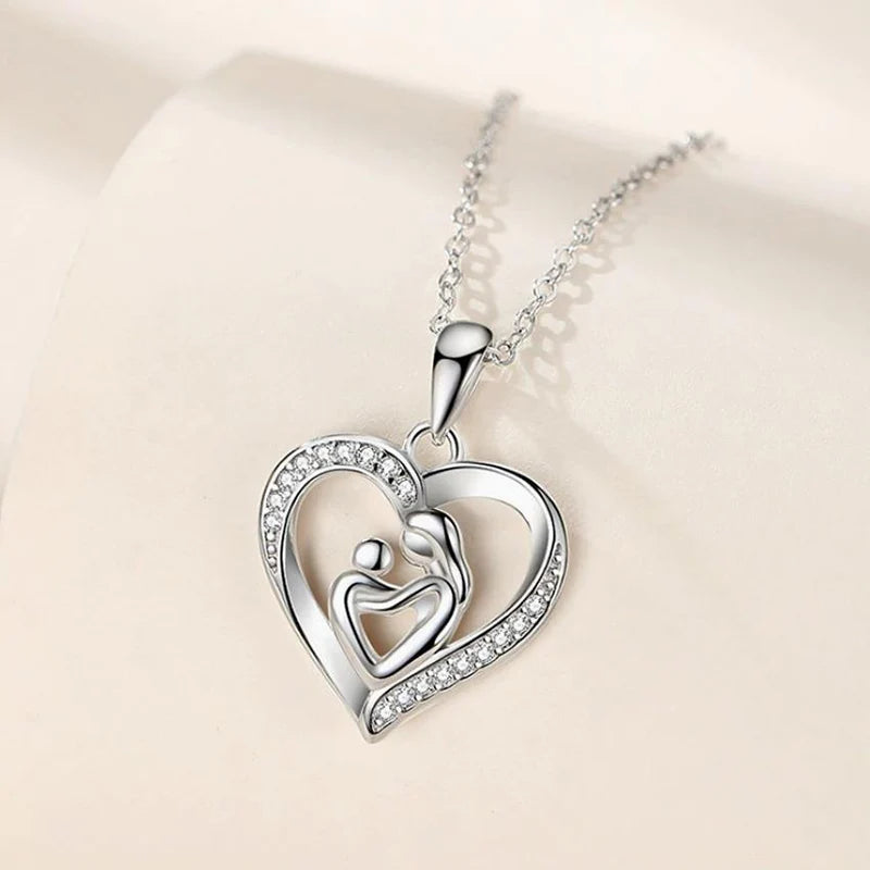 Mother and Child in Zircon Heart Pendant Necklace for Women